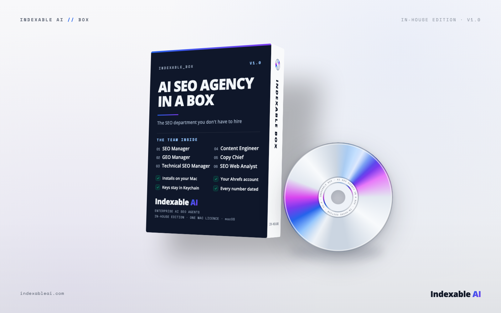 Box art for AI SEO Agency in a Box by Indexable AI, a Mac app shown as a software box with a disc